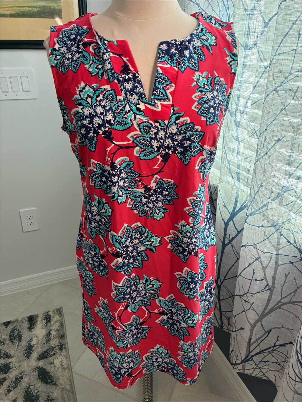 Aryeh Coral Red Floral Notch-Neck Dress